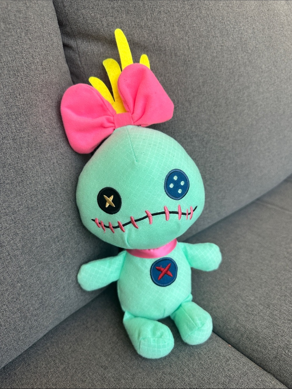 Plush Mint Button-Eye Doll with Pink Bow - Kids Toy